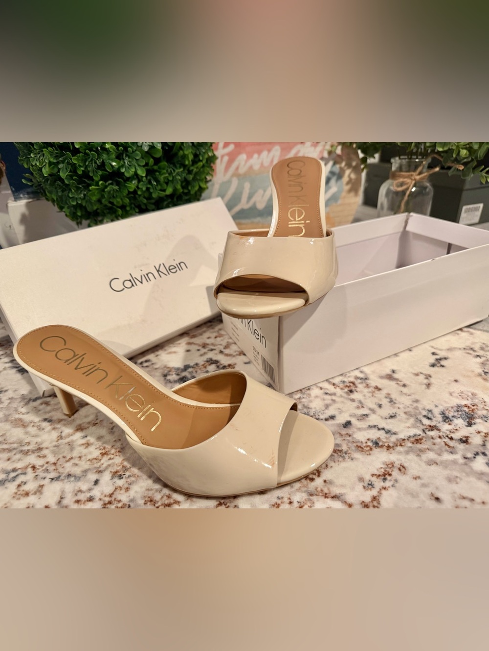 Calvin Klein Luc Patent Soft White Mule Heels 10